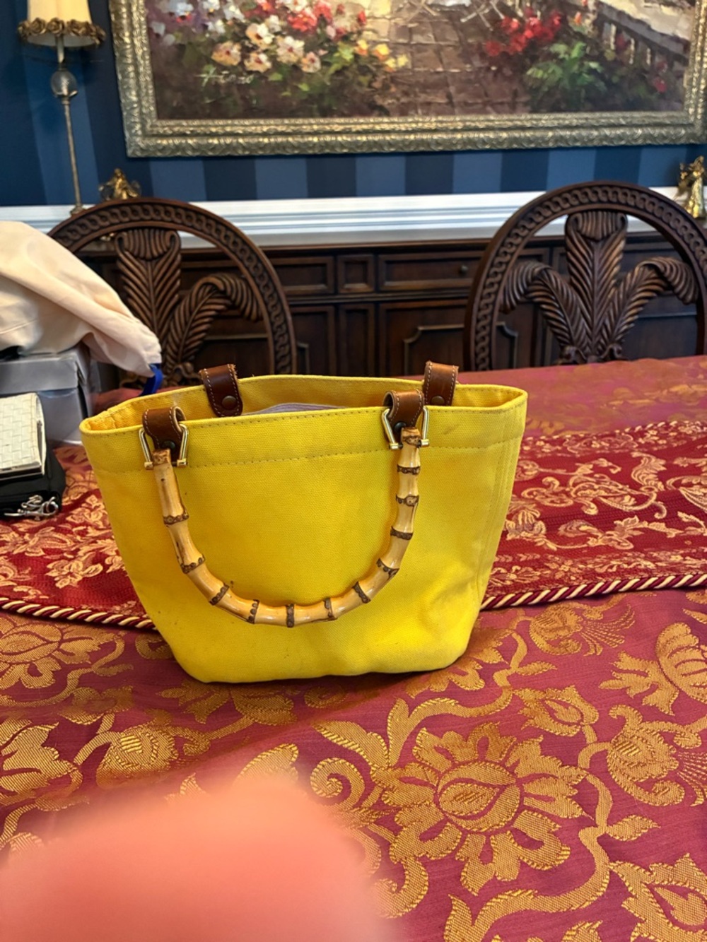 Yellow Canvas Tote with Bamboo-Style Handle